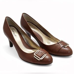 EuroSoft by Sofft Brown Leather Slip-On Pumps Front Buckle Women’s 8 2.5” Heel